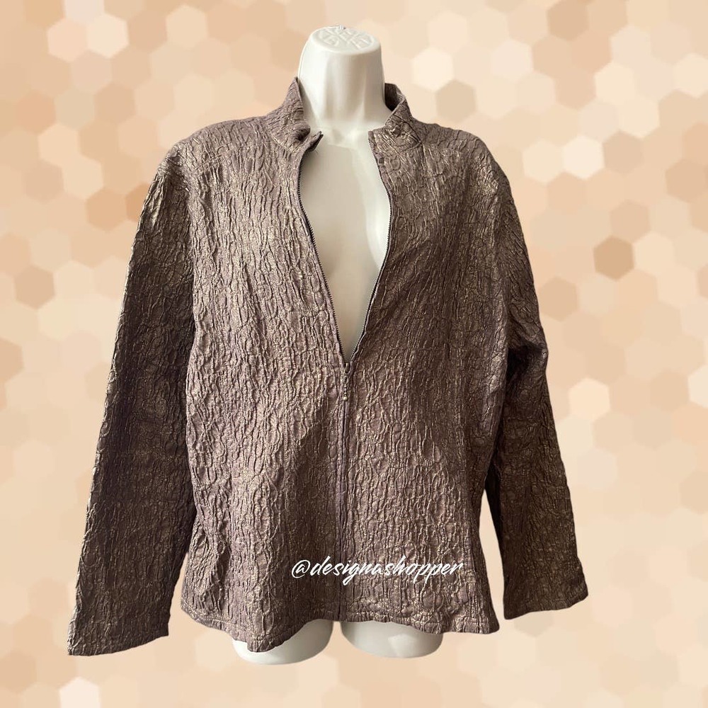 Chico’s Unique Textured Brown Golden Copper Shimmer Lightweight Jacket LG